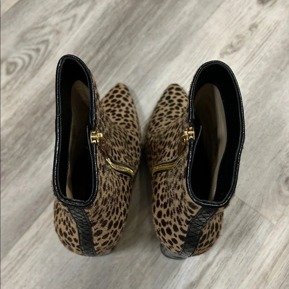 Michael Kors Leopard Calf Hair Embossed Leather Gold Zip Chunky Heel Ankle Boots